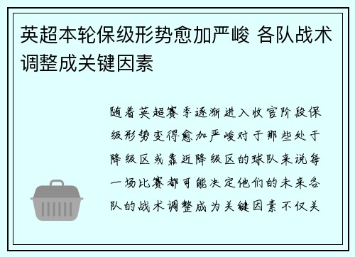 英超本轮保级形势愈加严峻 各队战术调整成关键因素 英超本轮保级形势愈加严峻 各队战术调整成关键因素